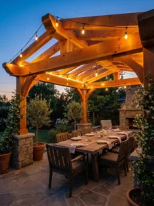 Cenador de madera con estructura de cerchas reforzadas base de piedra y zona de comedor formal