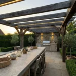 Cocina exterior en patio de piedra con p&eacute;rgola de madera r&uacute;stica, tiras LED integradas y encimera de piedra de gran formato.