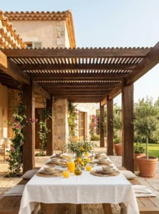 Pergola de madera de veta marcada con techado de lamas densas zona de comedor formal y arquitectura de piedra