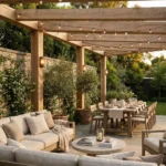 Pergola de madera maciza con zona de estar y comedor iluminacion de guirnaldas y apliques de pared en patio empedrado