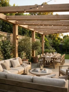 Pergola de madera maciza con zona de estar y comedor iluminacion de guirnaldas y apliques de pared en patio empedrado