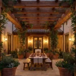 Pergola de madera maciza en patio central con comedor integrado iluminacion perimetral simetrica y paisajismo en macetas de gran formato