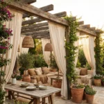 Pergola de madera rustica recuperada con cerramientos textiles mobiliario de obra y zona de comedor exterior