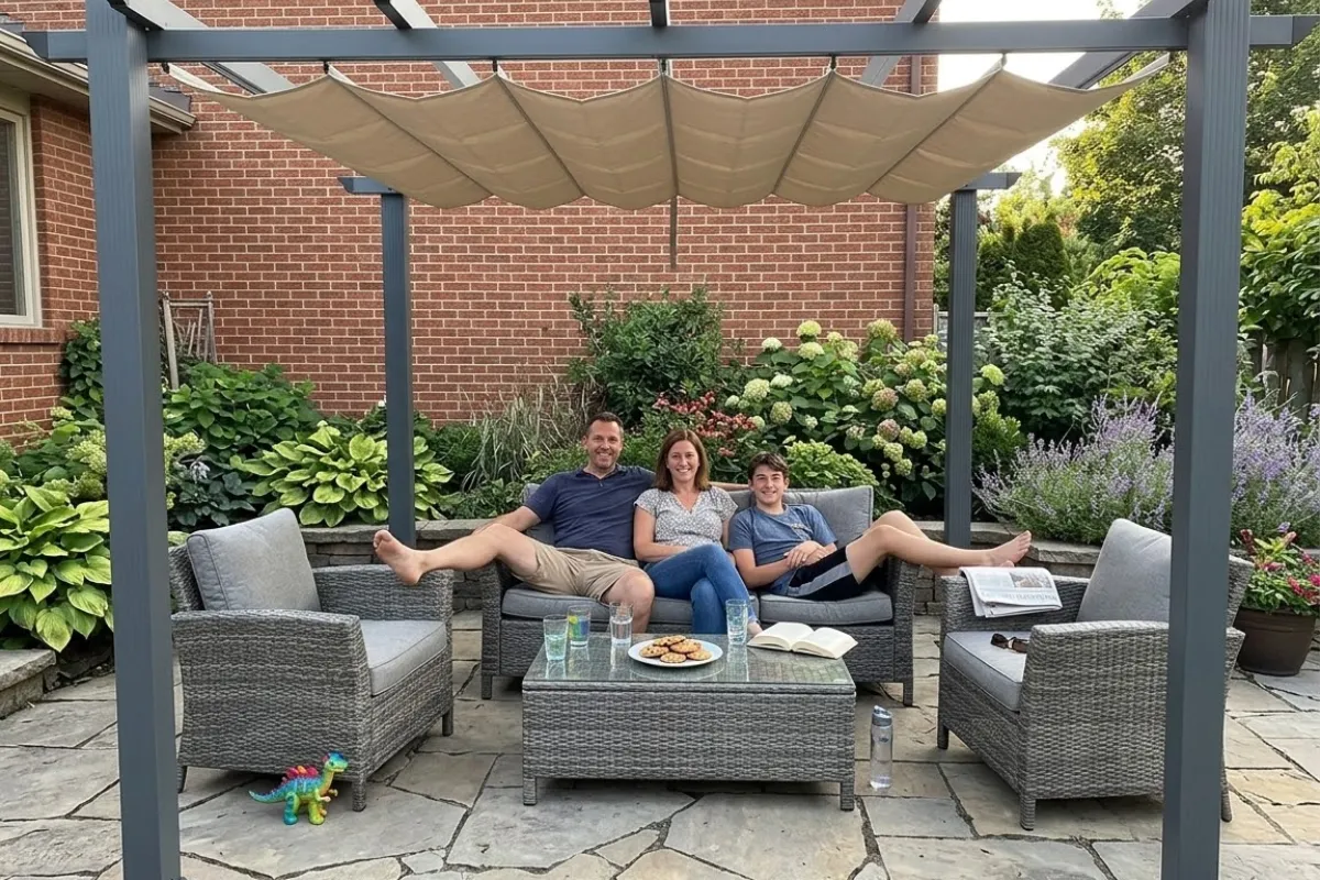 Familia disfrutando de su patio bajo una p&eacute;rgola con toldo retr&aacute;ctil