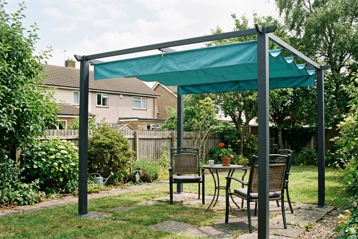 Jard&iacute;n con p&eacute;rgola de Techo retractil para tomar el t&eacute;