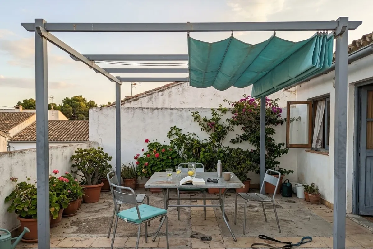 Terraza con p&eacute;rgola retr&aacute;ctil de aluminio