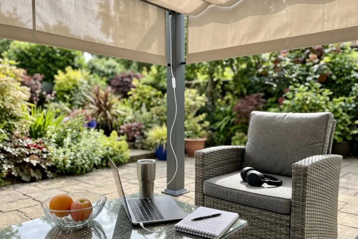 Zona de descanso bajo P&eacute;rgola con lona retr&aacute;ctil