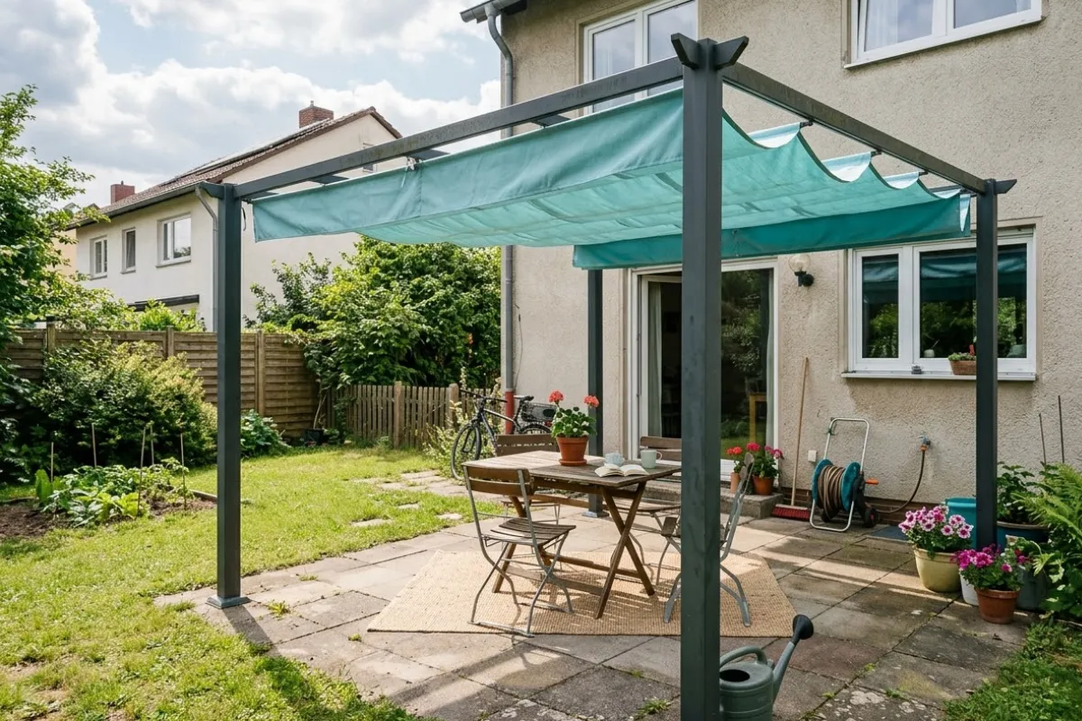 patio con Cenador de techo retr&aacute;ctil color turqueza