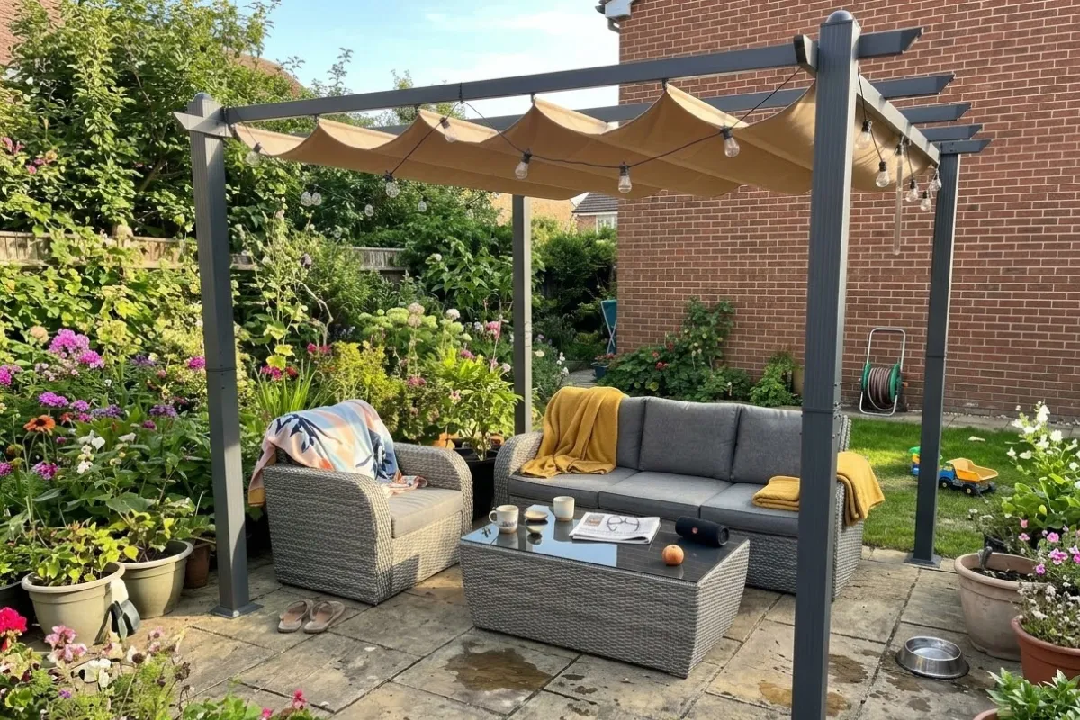 pergola con tela retractil en patio con jard&iacute;n