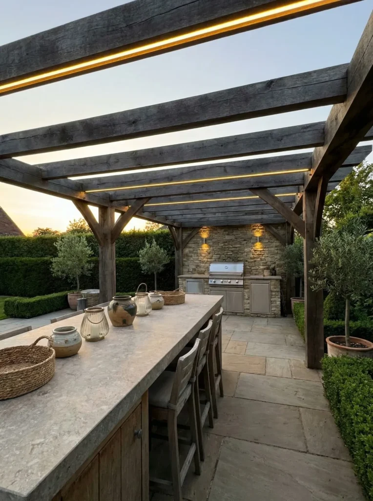 Cocina exterior en patio de piedra con p&eacute;rgola de madera r&uacute;stica, tiras LED integradas y encimera de piedra de gran formato.
