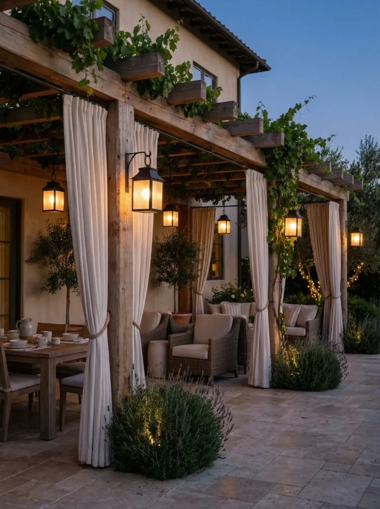 Pergola adosada de madera envejecida con cerramientos textiles tecnicos mobiliario de ratan y sistema de iluminacion de estilo colonial