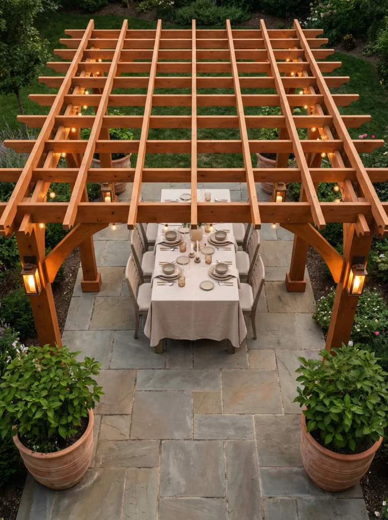 Pergola autoportante de madera de cedro con entramado de doble vigueta iluminacion integrada y comedor formal sobre pavimentacion de piedra