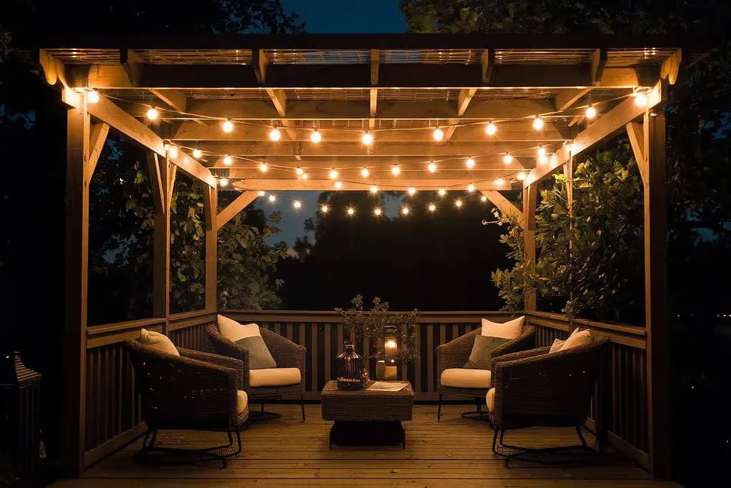 Pérgola de madera con guirnaldas de luces en las vigas Pergola de madera con guirnaldas de luces en las vigas