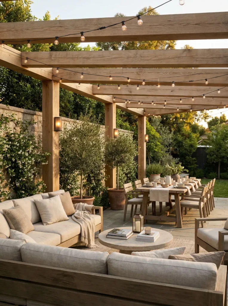 Pergola de madera maciza con zona de estar y comedor iluminacion de guirnaldas y apliques de pared en patio empedrado
