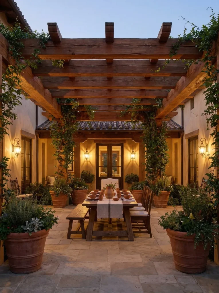 Pergola de madera maciza en patio central con comedor integrado iluminacion perimetral simetrica y paisajismo en macetas de gran formato