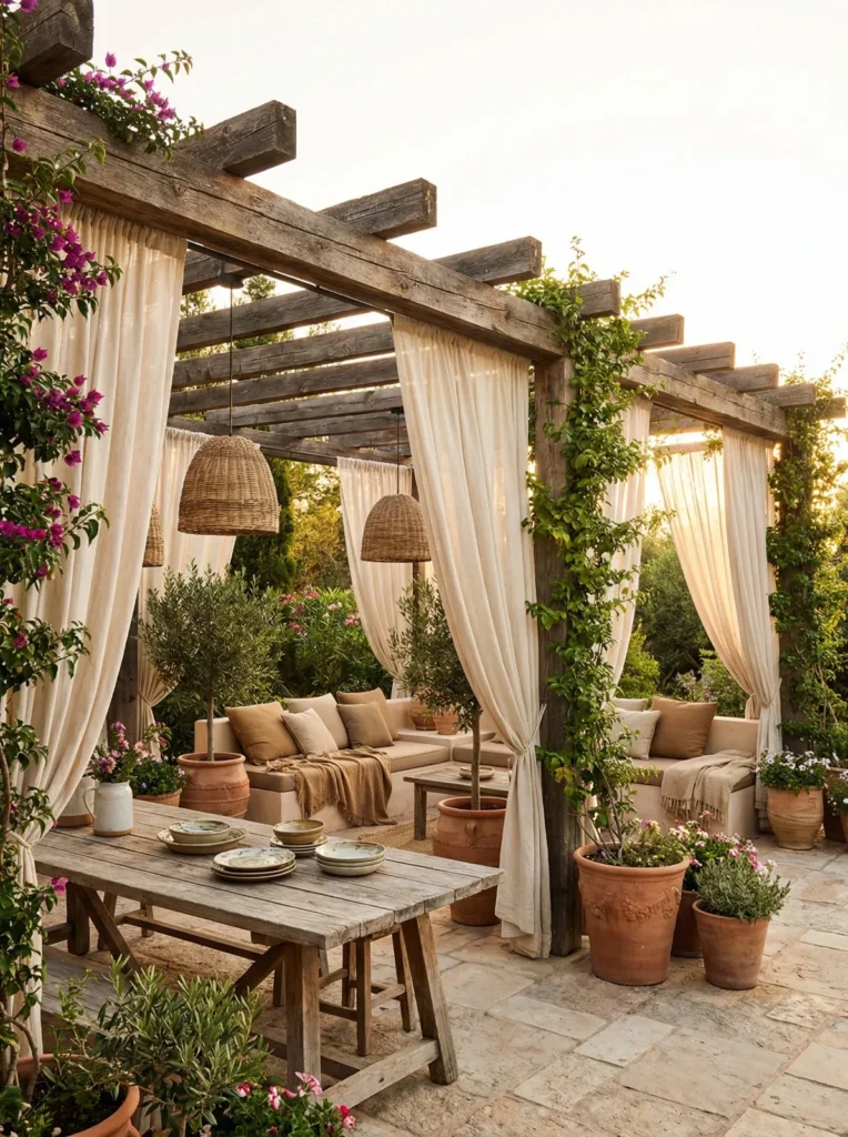 Pergola de madera rustica recuperada con cerramientos textiles mobiliario de obra y zona de comedor exterior