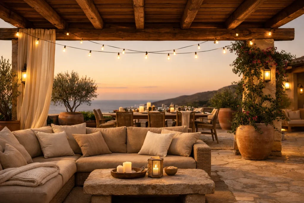 Pérgola de vigas rústicas de gran escuadría con techo de madera maciza, zona lounge de lujo y comedor con vistas panorámicas al mar.