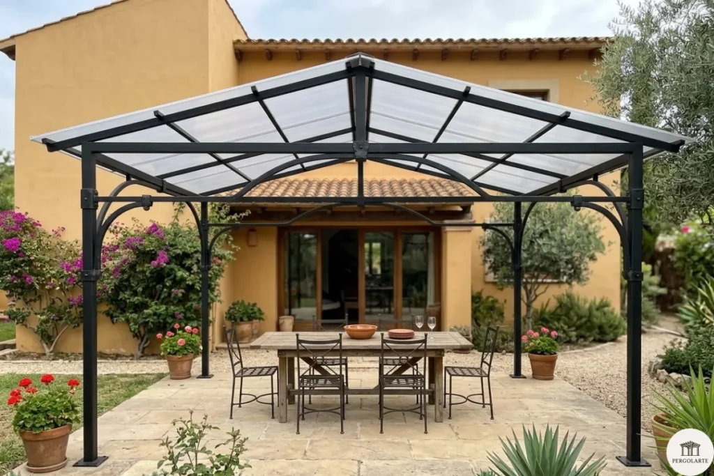 P&eacute;rgola de herreria con techo de policarbonato a dos Aguas