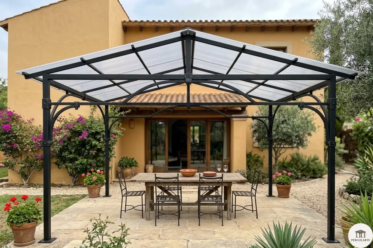 P&eacute;rgola de herreria con techo de policarbonato a dos Aguas