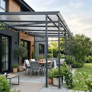 Pergola hierro y policarbonato para patio o terraza con techo translúcido y estructura moderna
