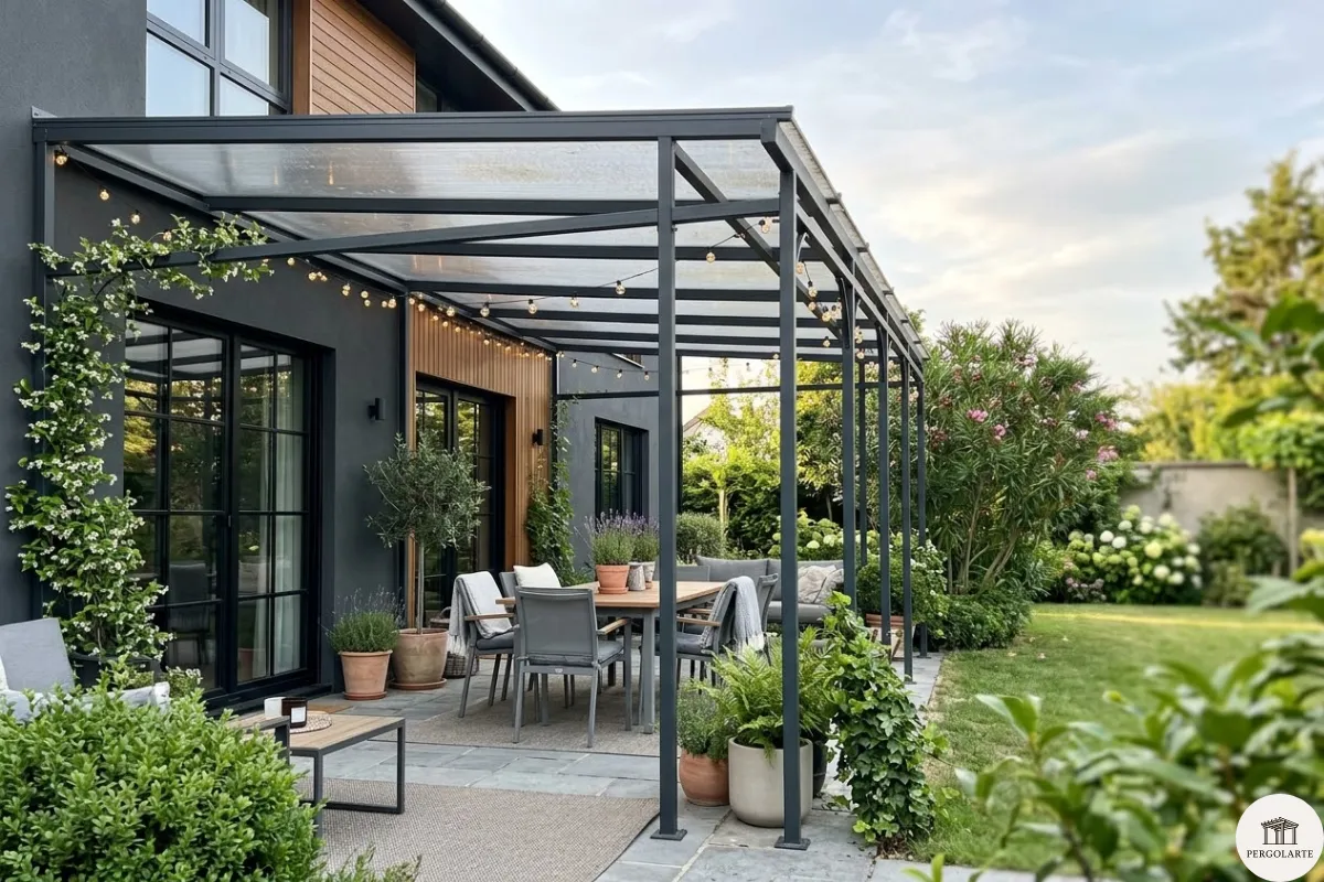 Pergola hierro y policarbonato para patio o terraza con techo transl&uacute;cido y estructura moderna