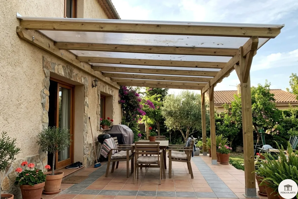 P&eacute;rgola adosada de madera y policarbonato transparente