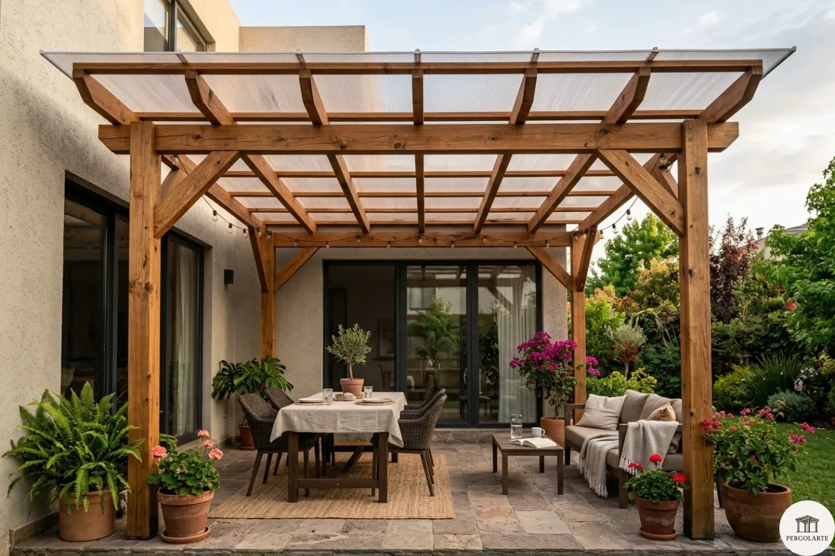 P&eacute;rgola de madera y techo de policarbonato transparente