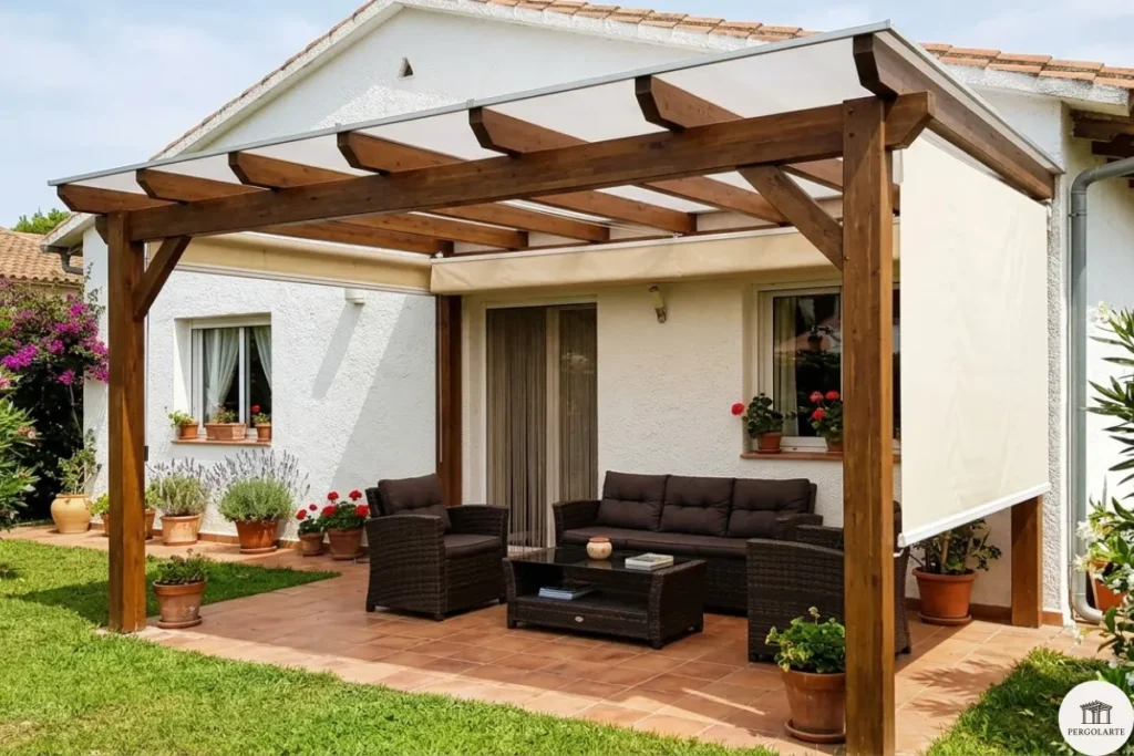 P&eacute;rgola en madera y policarbonato con sombra retractil