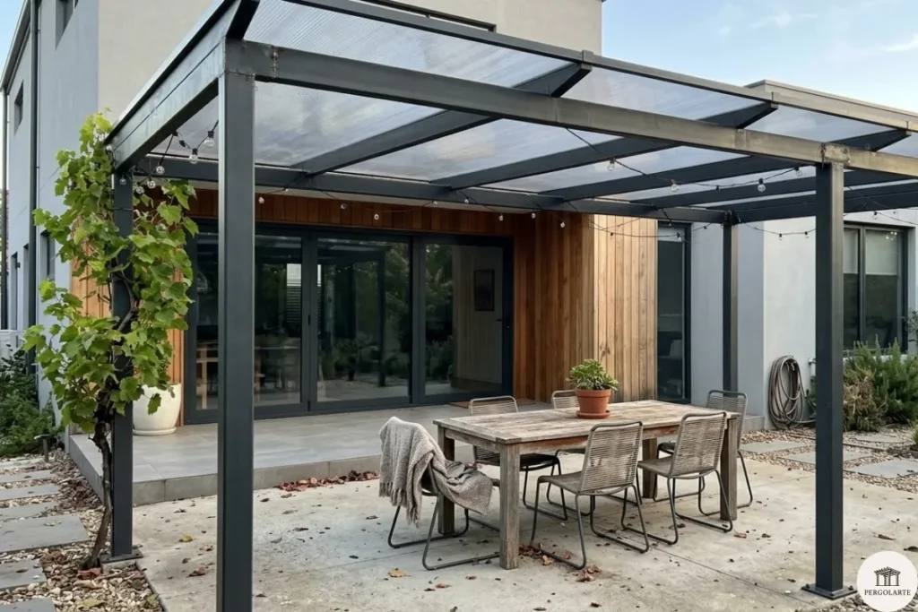 pergola de acero y policarbonato translucido y diseno adosado