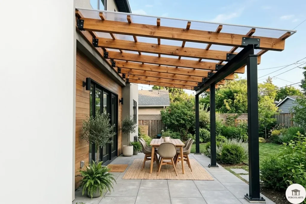 P&eacute;rgola de hierro con techo de madera y policarbonato.