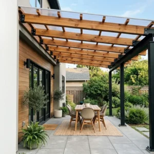 Pérgola de hierro y madera con techo de policarbonato