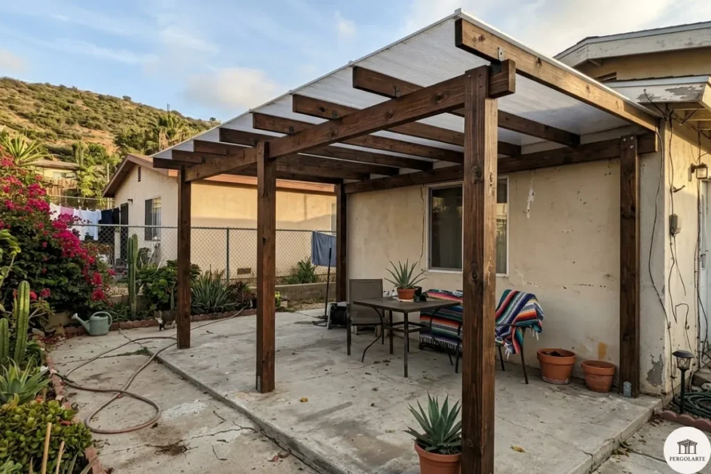 pergola de madera con techo de policarbonato en Rosarito